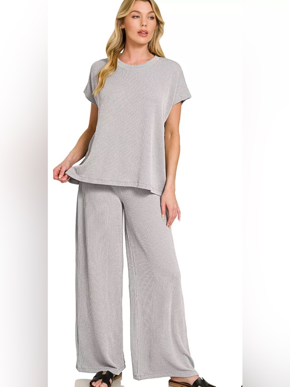 Zenana- Relaxed Ribbed Top and Pants Set in the Color Sleet